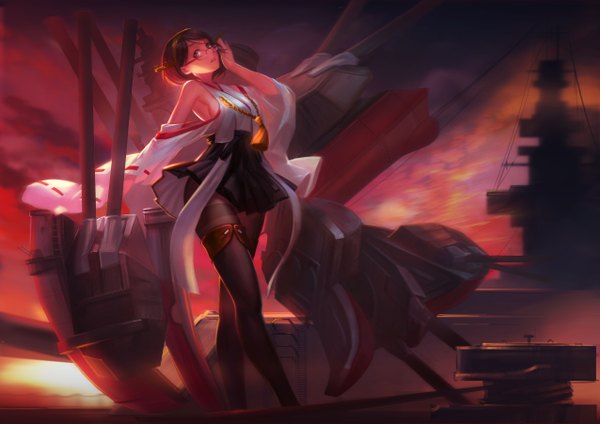 Anime picture 5100x3605 with kantai collection kirishima battleship samanta single looking at viewer highres short hair brown hair brown eyes absurdres traditional clothes nontraditional miko girl weapon detached sleeves pantyhose glasses