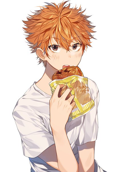 Anime picture 700x1000 with haikyuu!! production i.g hinata shouyou sorolp single tall image looking at viewer blush fringe short hair simple background hair between eyes white background brown eyes signed upper body orange hair eating boy food