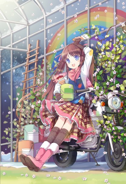 Anime picture 964x1397 with original jin young-in single long hair tall image looking at viewer blush open mouth blue eyes brown hair twintails girl thighhighs dress gloves flower (flowers) black thighhighs boots scarf fingerless gloves