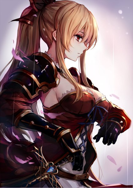 Anime picture 1002x1416 with granblue fantasy vira lilie watao single long hair tall image fringe breasts light erotic simple background blonde hair large breasts brown eyes payot looking away cleavage ponytail profile armpit (armpits) gradient background