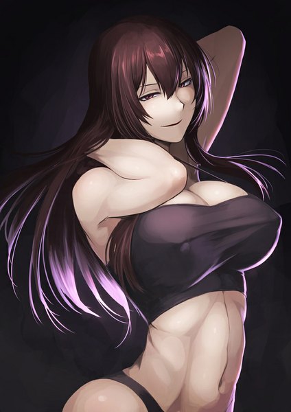 Anime picture 744x1052 with hetza (hellshock) single long hair tall image looking at viewer fringe breasts light erotic simple background red eyes brown hair large breasts light smile bare belly black background dark background arms behind head girl navel underwear