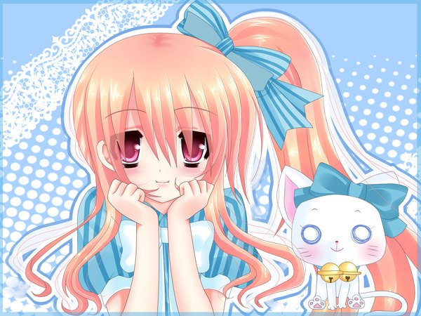 Anime picture 1600x1200 with tagme (copyright) shira yuri (artist) long hair blush blonde hair red eyes side ponytail chin rest girl bow hair bow animal cat