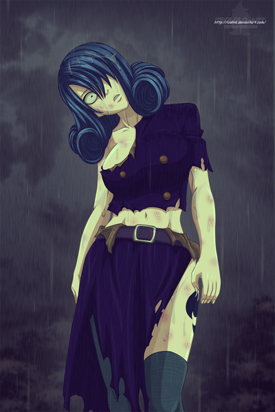 Anime picture 866x1300 with fairy tail juvia lockser ioshik single long hair tall image fringe blue hair cloud (clouds) black eyes hair over one eye night wet tattoo night sky coloring torn clothes drill hair rain wet clothes