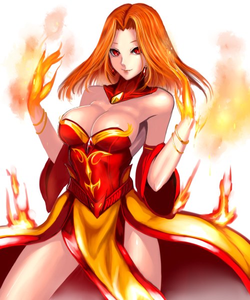 Anime picture 1000x1200 with dota 2 (game) lina (dota 2) kumiko shiba single long hair tall image looking at viewer light erotic simple background red eyes standing white background lips orange hair girl dress detached sleeves earrings bracelet flame