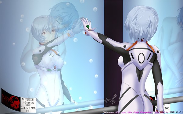 Anime picture 1920x1200 with neon genesis evangelion gainax ayanami rei highres short hair red eyes wide image signed blue hair from behind hug outstretched arm back reflection girl bodysuit pilot suit