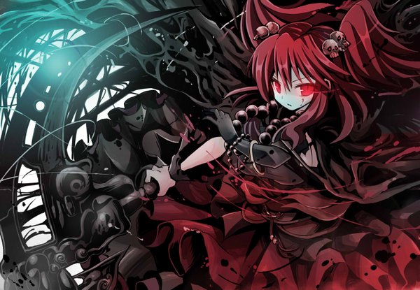 Anime picture 1443x1000 with touhou onozuka komachi givuchoko single long hair red eyes twintails red hair glowing glowing eye (eyes) girl dress weapon bracelet blood beads single glove skull scythe