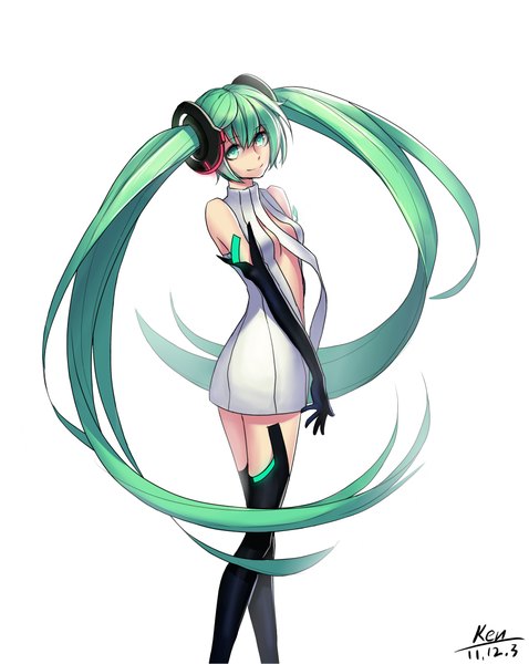 Anime picture 1787x2240 with vocaloid hatsune miku kenneth (qq) single tall image looking at viewer highres simple background smile white background twintails very long hair aqua eyes aqua hair girl thighhighs gloves black thighhighs elbow gloves