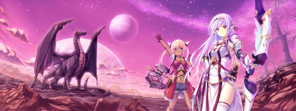 Anime picture 2400x900 with original tenmaso long hair blush highres open mouth blue eyes blonde hair red eyes wide image twintails multiple girls purple hair pointy ears fantasy girl dress gloves navel hair ornament