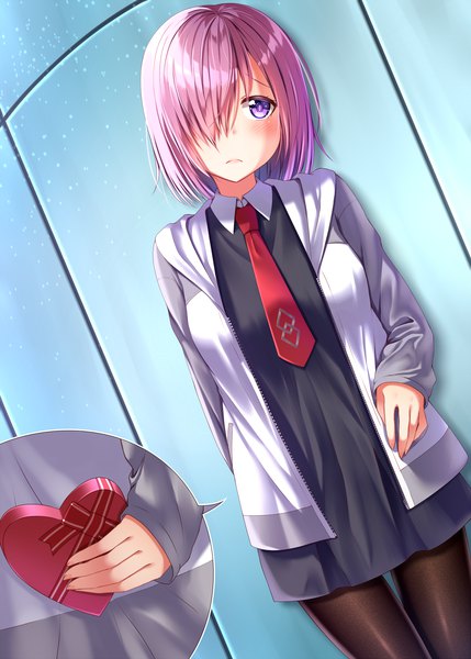 Anime picture 1300x1818 with fate (series) fate/grand order mash kyrielight gurande (g-size) single tall image blush fringe short hair standing purple eyes looking away pink hair hair over one eye blue background valentine girl pantyhose black pantyhose gift