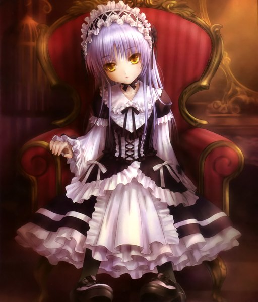 Anime picture 1505x1765 with angel beats! key (studio) tachibana kanade goto p single long hair tall image looking at viewer sitting yellow eyes silver hair scan official art lolita fashion girl dress bow frills bonnet armchair