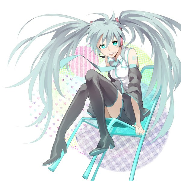 Anime picture 1024x1024 with vocaloid hatsune miku single looking at viewer smile sitting twintails bare shoulders very long hair aqua eyes aqua hair girl skirt detached sleeves necktie headphones thigh boots chair