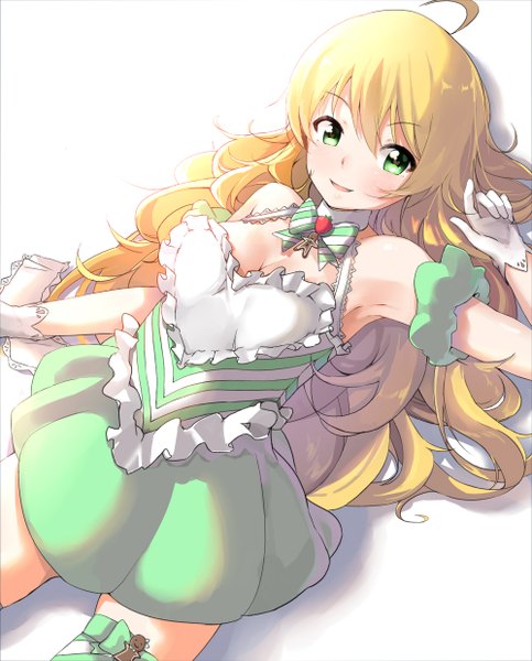 Anime picture 998x1238 with idolmaster hoshii miki kurokin single long hair tall image looking at viewer blush simple background blonde hair white background green eyes ahoge lying shadow on back girl thighhighs gloves frills