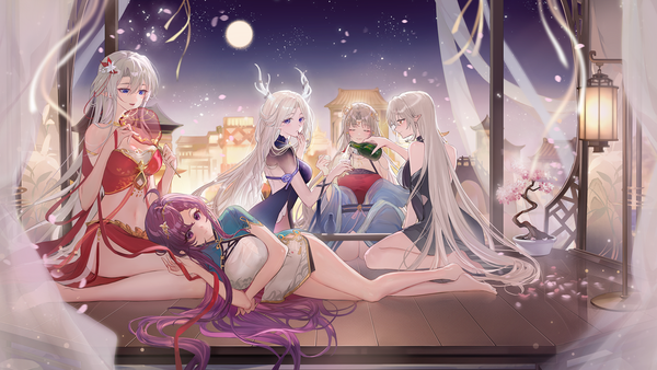 Anime picture 1920x1080 with original zuo600 long hair looking at viewer blush fringe highres breasts open mouth blue eyes light erotic smile hair between eyes red eyes brown hair wide image large breasts sitting purple eyes multiple girls