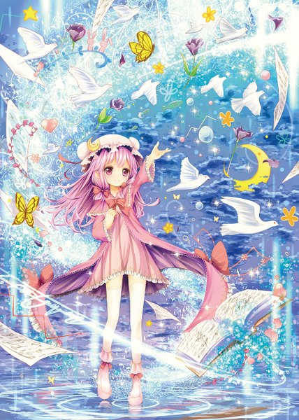 Anime picture 914x1280 with touhou patchouli knowledge catbell single long hair tall image purple eyes purple hair girl dress flower (flowers) bow hair bow animal frills bird (birds) book (books) bonnet pigeon