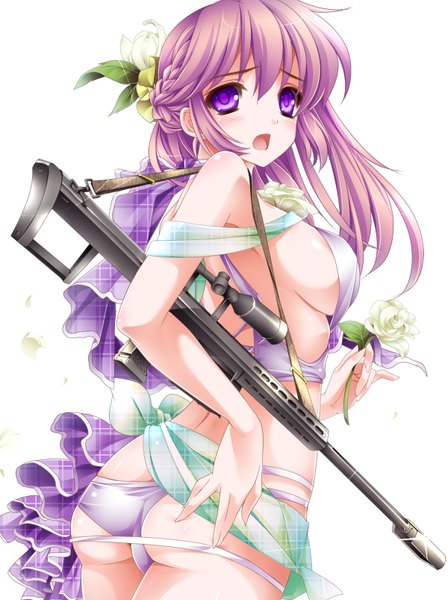 Anime picture 1200x1604 with original moneti (daifuku) long hair tall image breasts open mouth light erotic simple background white background purple eyes purple hair ass girl flower (flowers) weapon swimsuit gun