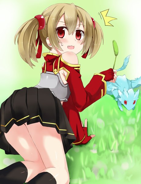 Anime picture 1500x1950 with sword art online a-1 pictures silica pina (sao) kurose yuuki tall image looking at viewer blush short hair light erotic red eyes brown hair twintails looking back from behind on all fours fantasy playing girl dress