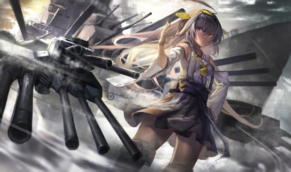 Anime picture 2600x1541 with kantai collection kongou battleship ghostas single long hair highres brown hair wide image brown eyes ahoge traditional clothes japanese clothes looking back nontraditional miko fog girl skirt weapon miniskirt hairband
