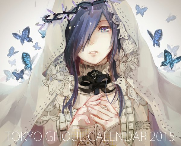 Anime picture 800x647 with tokyo ghoul studio pierrot kirishima touka fuurin single long hair looking at viewer fringe blue eyes purple hair parted lips fingernails lips hair over one eye alternate costume boy ribbon (ribbons) insect butterfly wedding veil