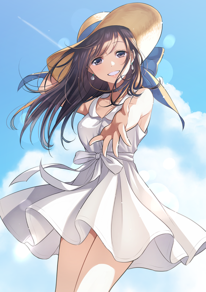 Anime picture 868x1228 with original morikura en single long hair tall image looking at viewer blush fringe smile brown hair standing bare shoulders holding brown eyes sky cloud (clouds) outdoors wind teeth outstretched hand