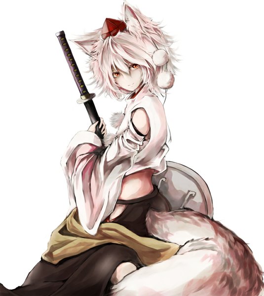 Anime picture 875x980 with touhou inubashiri momiji orein single tall image fringe short hair white background holding animal ears white hair tail traditional clothes japanese clothes animal tail wide sleeves orange eyes kneeling bare back wolf ears