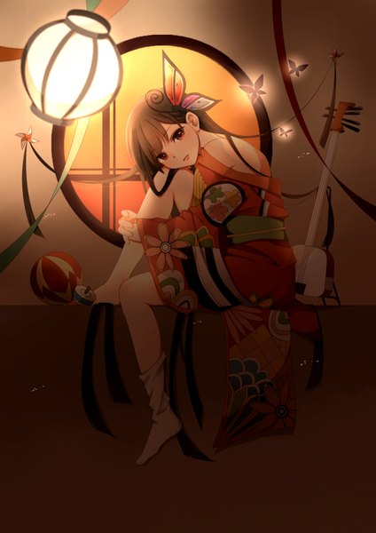 Anime picture 2480x3507 with original yuragiyura single long hair tall image looking at viewer highres brown hair brown eyes traditional clothes japanese clothes girl hair ornament socks kimono insect butterfly butterfly hair ornament