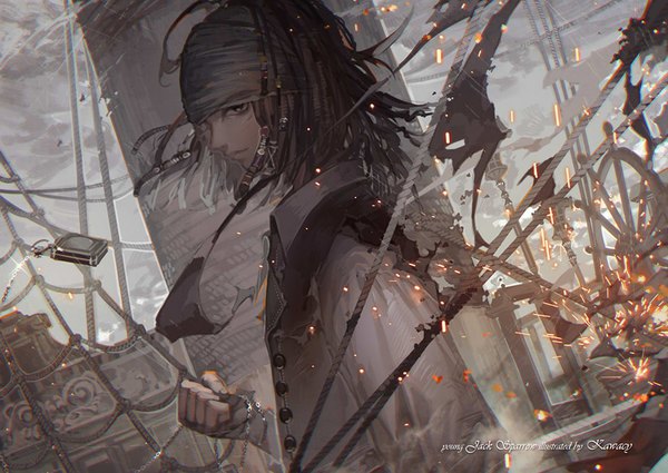 Anime picture 900x638 with pirates of the caribbean captain jack sparrow kawacy single long hair short hair black hair profile sparkle serious torn boy chain vest bandana fist watercraft rope ship compass