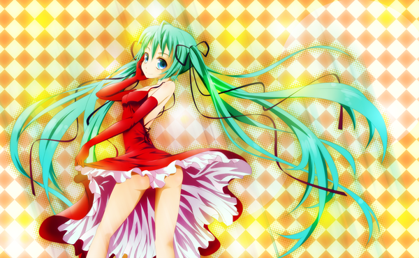 Anime picture 1200x740 with vocaloid hatsune miku barokkusu (artist) single blue eyes smile wide image twintails very long hair aqua hair checkered background girl dress gloves ribbon (ribbons) hair ribbon elbow gloves