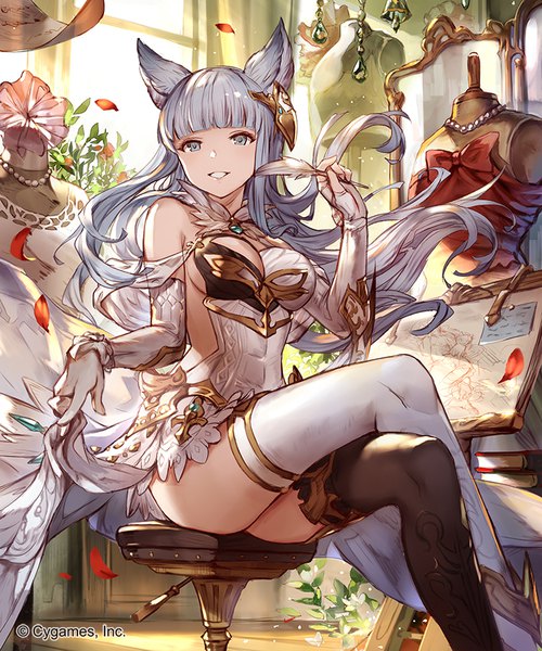 Anime picture 750x900 with shingeki no bahamut granblue fantasy korwa (granblue fantasy) 77gl single long hair tall image looking at viewer fringe breasts open mouth blue eyes light erotic smile silver hair bent knee (knees) indoors blunt bangs wind official art