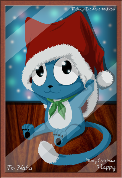 Anime picture 1100x1596 with fairy tail happy (fairy tail) mdesigninc single tall image smile black eyes fur trim coloring christmas framed merry christmas hat animal fur cat santa claus hat