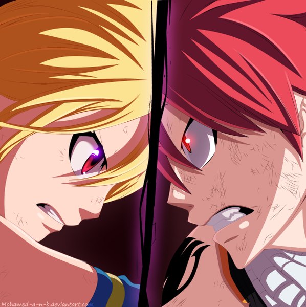 Anime picture 1244x1250 with fairy tail lucy heartfilia natsu dragneel m-shu tall image short hair simple background blonde hair red eyes pink hair profile tattoo sleeveless grin coloring close-up multiview angry manga girl