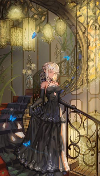 Anime picture 800x1398 with fate (series) fate/grand order fate/stay night artoria pendragon (all) saber saber alter sk tori single tall image looking at viewer fringe short hair blonde hair signed yellow eyes payot full body braid (braids) hair bun (hair buns) light