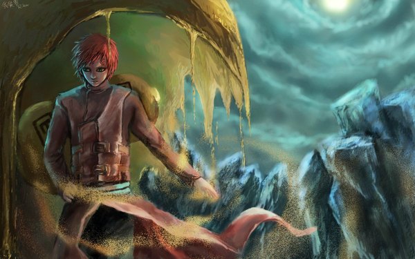 Anime picture 1131x707 with naruto studio pierrot naruto (series) gaara tagme (artist) single short hair wide image standing green eyes sky red hair tattoo mountain sand jinchuriki boy moon cloak