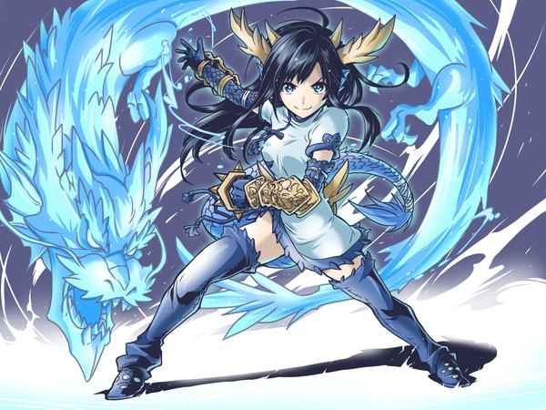 Anime picture 2048x1536 with puzzle & dragons karin (p&d) ishiyumi single long hair looking at viewer highres blue eyes black hair smile horn (horns) chinese clothes fantasy girl thigh boots chinese dress dragon gauntlets