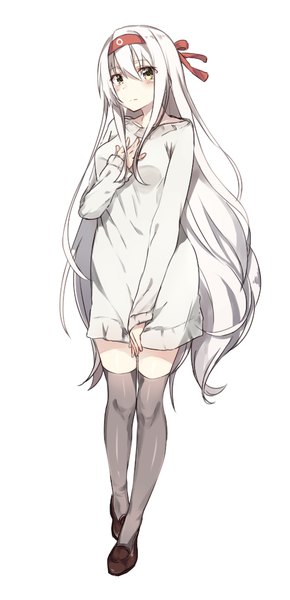 Anime picture 480x990 with kantai collection shoukaku aircraft carrier seki (l0410706268) single long hair tall image looking at viewer blush fringe breasts simple background hair between eyes white background yellow eyes payot full body white hair hand on chest walking shiny clothes