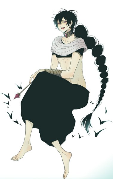 Anime picture 620x981 with magi the labyrinth of magic a-1 pictures judal eyokiki single tall image open mouth black hair simple background red eyes white background full body braid (braids) very long hair traditional clothes barefoot bare belly crossed legs single braid boy