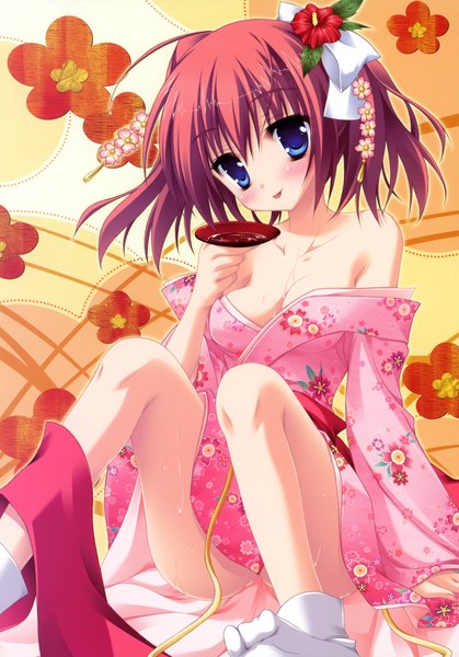 Anime picture 2446x3500 with kisaragi gold star (game) endou saya moribe (rabumanyo) tall image blush highres short hair blue eyes light erotic red hair japanese clothes hair flower girl hair ornament kimono obi alcohol sake sakazuki