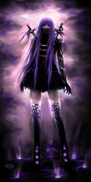 Anime picture 1000x1982 with original dziu09 single long hair tall image looking at viewer purple eyes purple hair girl dress weapon sword boots black dress mask