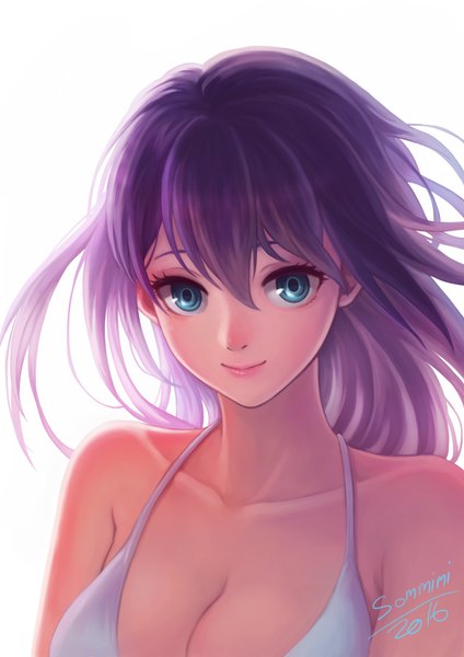 Anime picture 800x1132 with original sommimi single long hair tall image looking at viewer fringe blue eyes light erotic simple background smile hair between eyes white background bare shoulders signed purple hair upper body aqua eyes wind dated