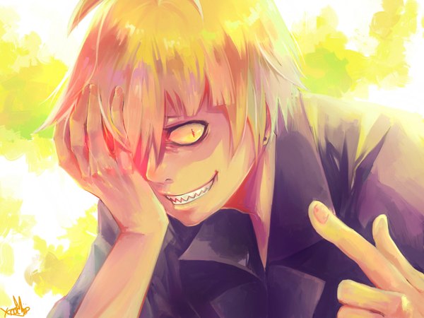 Anime picture 1600x1200 with tokyo ghoul studio pierrot shirazu ginshi xnotchii single fringe short hair blonde hair smile signed looking away ahoge fingernails lips shaded face covering animal eyes crazy boy earrings