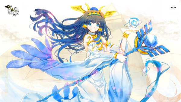 Anime picture 1920x1080 with puzzle & dragons isis (p&d) heco (mama) single long hair looking at viewer blush fringe highres blue eyes black hair wide image bare shoulders nail polish wide sleeves egyptian clothes girl hair ornament detached sleeves staff