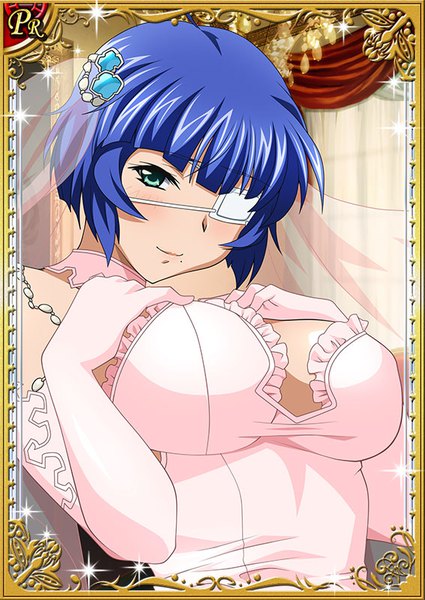 Anime picture 567x800 with ikkitousen ryomou shimei single tall image looking at viewer fringe short hair breasts light erotic large breasts green eyes blue hair light smile mole sparkle card (medium) mole under mouth girl gloves hair ornament