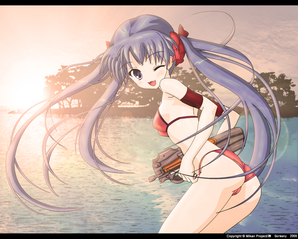 Anime picture 1280x1024 with tagme (character) tagme (artist) single long hair looking at viewer blush open mouth light erotic purple hair one eye closed looking back wink teeth fang (fangs) girl bow weapon swimsuit plant (plants) hair bow