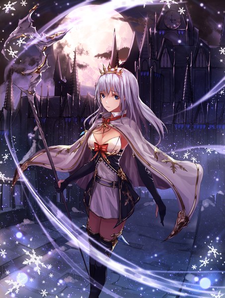 Anime picture 3024x4000 with original see n single long hair tall image looking at viewer fringe highres breasts blue eyes hair between eyes large breasts standing holding absurdres cleavage silver hair cloud (clouds) wind night