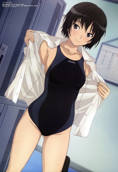 Anime picture 4075x5940 with amagami megami magazine nanasaki ai umetsu yukinori tall image highres short hair black hair absurdres black eyes open clothes official art open shirt girl swimsuit one-piece swimsuit school swimsuit