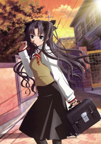 Anime picture 3283x4684 with fate (series) fate/stay night studio deen type-moon toosaka rin single long hair tall image highres black hair twintails absurdres light smile girl skirt uniform bow hair bow school uniform shirt