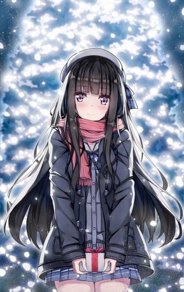 Anime picture 1081x1714 with original 90i single long hair tall image blush fringe black hair smile purple eyes night embarrassed looking down christmas girl uniform school uniform hat scarf coat