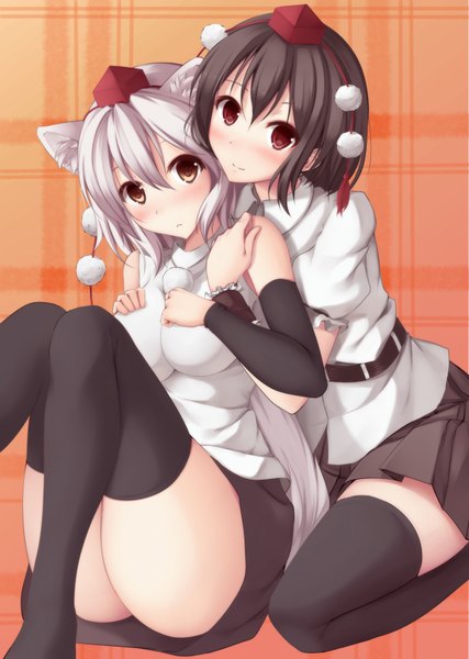 Anime picture 2548x3582 with touhou shameimaru aya inubashiri momiji nicoby tall image blush highres short hair light erotic black hair smile red eyes multiple girls brown eyes animal ears silver hair bent knee (knees) pleated skirt cat ears hug