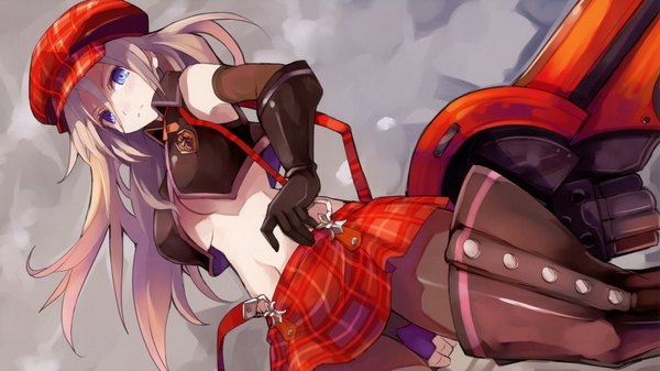 Anime picture 1920x1080 with god eater god eater burst ufotable alisa ilinichina amiella shibano kaito single long hair highres breasts blue eyes light erotic blonde hair wide image large breasts sunlight from below plaid skirt girl skirt gloves