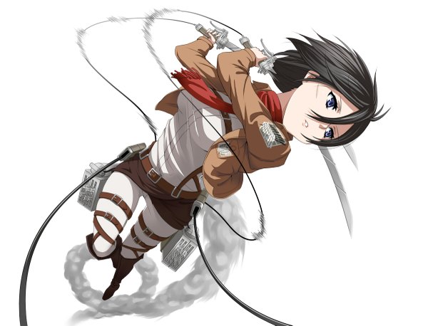 Anime picture 1200x917 with shingeki no kyojin production i.g mikasa ackerman seven (11) single short hair blue eyes black hair simple background white background holding dual wielding girl weapon sword jacket scarf red scarf