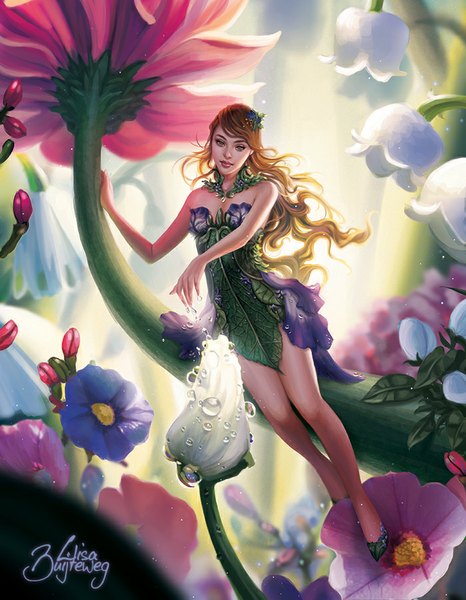 Anime picture 700x900 with zolaida (artist) single long hair tall image looking at viewer brown hair sitting lips realistic grey eyes legs sleeveless outstretched arm minigirl girl flower (flowers) water drop lily of the valley